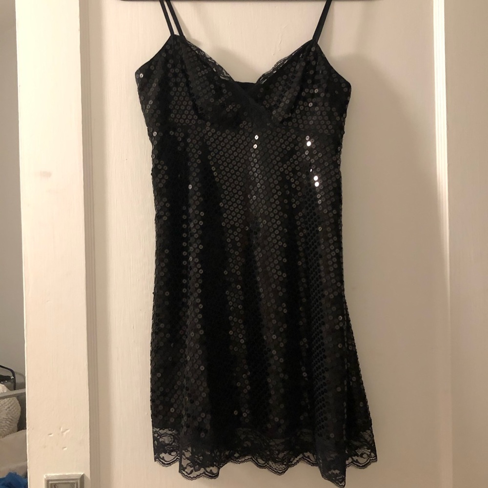 Express black sequin lace slip dress